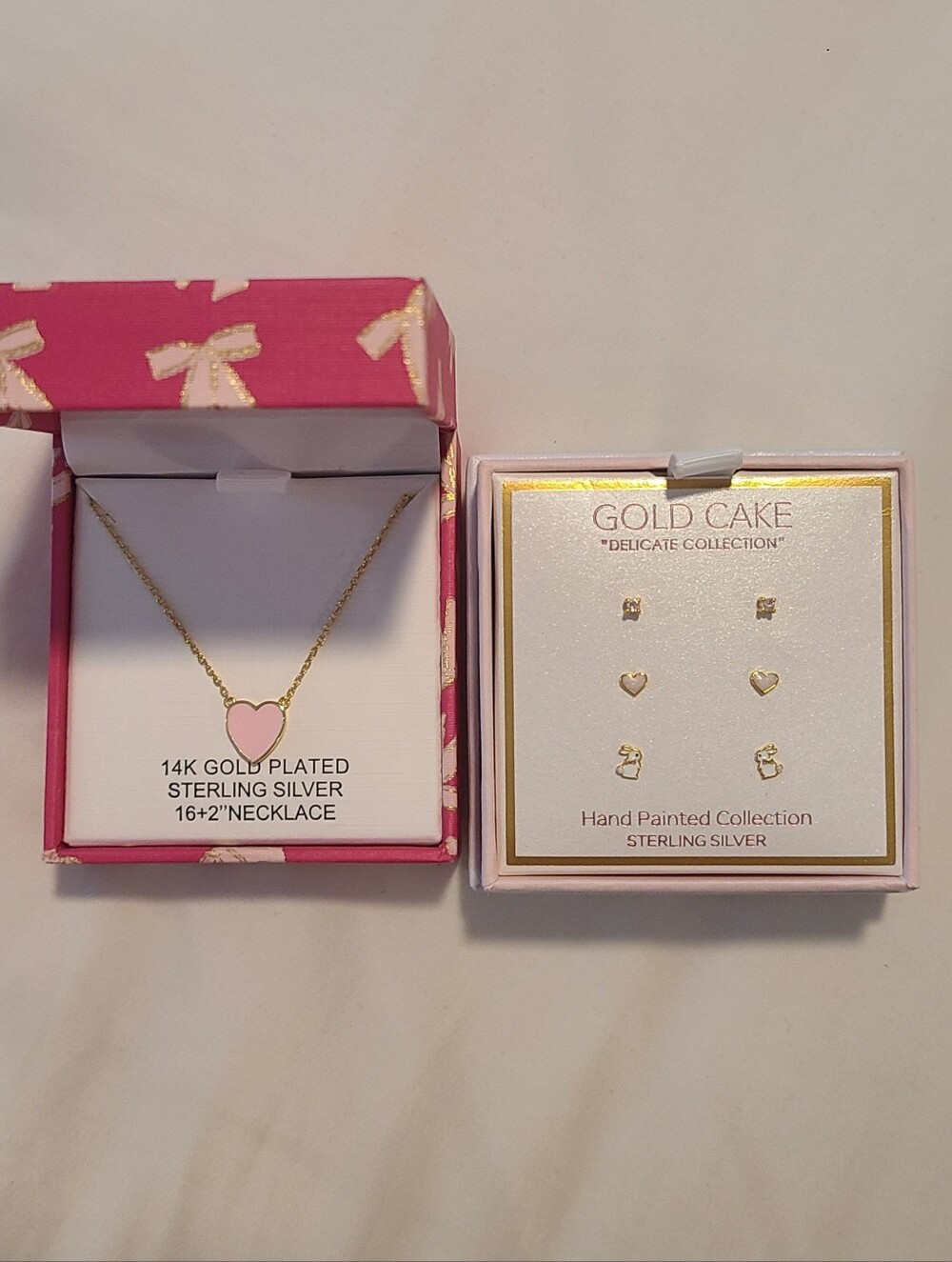 Dainty Pink and White Jewelry Set - Pink Heart Necklace and Bunny Earrings